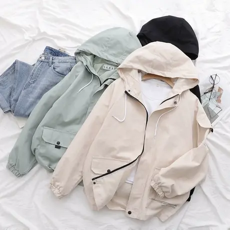 2019春装新款韩版休闲中长款连帽外套女休闲口袋工装百搭显瘦风衣图片