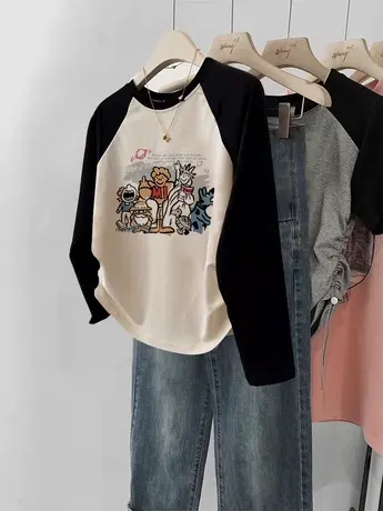 复古chic插肩打底衫长袖T恤女秋季2023新款ins设计感别致短款上衣商品大图