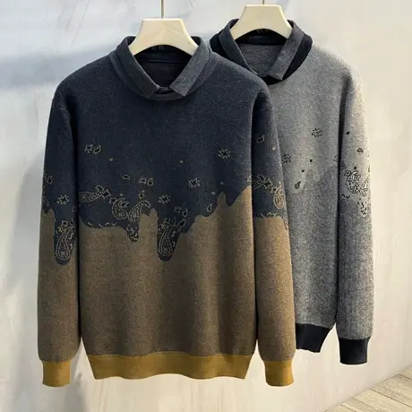 2023秋冬衬衫领假两件毛衣男修身针织套头潮流渐变男士休闲外套商品大图