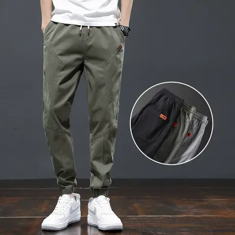 春季军绿色工装男裤子男士运动休闲裤九分宽松束脚纯棉青少年学生图片