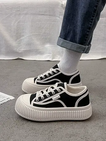 小香风帆布鞋女2023春季新款系带圆头厚底舒适百搭饼干鞋休闲潮商品大图