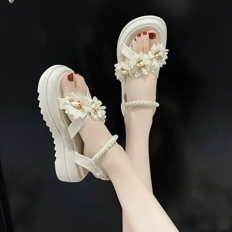 花朵凉鞋女生仙女风配裙子海边度假沙滩鞋厚底鱼嘴鞋2023夏季新款商品大图