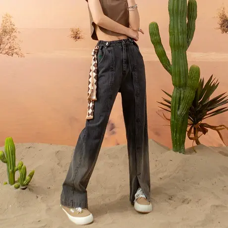 高街开叉牛仔裤女美式复古高腰阔腿裤显瘦直筒宽松裤子设计感小众商品大图