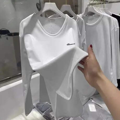 白色加绒打底衫胖mm大码修身长袖t恤女秋冬ins潮休闲保暖内搭上衣商品大图