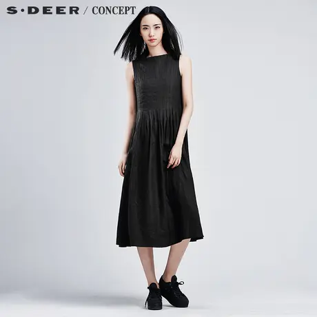 sdeer圣迪奥女装简约压褶纯色无袖连衣裙S16281295图片