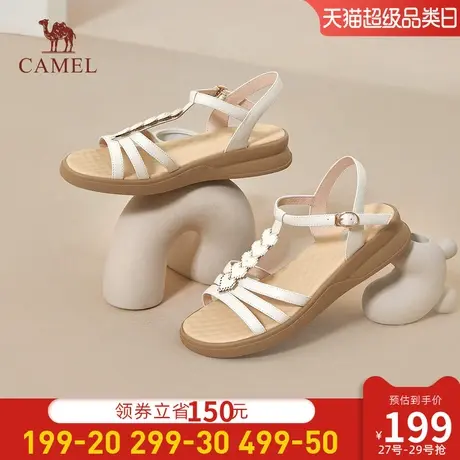 骆驼女鞋2024年夏季新款真皮一字带凉鞋女时尚露趾厚底时装凉鞋女商品大图