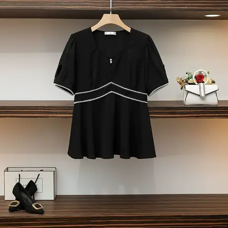 伊自尚大码女装2024年夏季新款胖mm时尚减龄显瘦V领T恤黑色上衣女图片