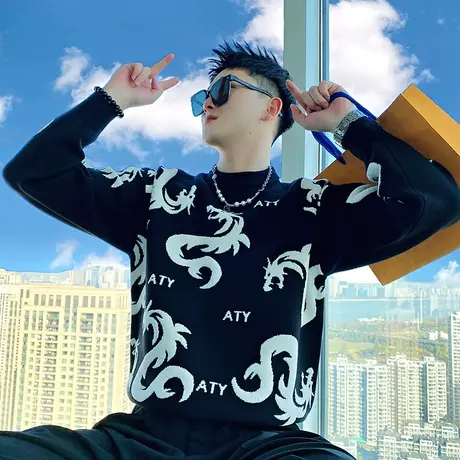 针织毛衣男冬季2023新款满印国潮龙年提花高级感潮牌加厚内搭线衣图片