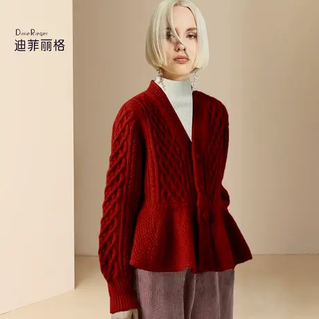 迪菲丽格复古绞花小香风针织开衫女2024年春季新款红色慵懒风毛衣图片