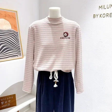 ins学院风甜美软糯上衣~秋冬款双面德绒半高领条纹长袖T恤打底衫商品大图