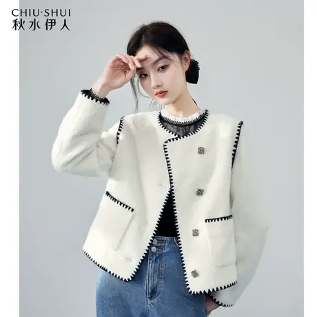 秋水伊人经典圆领黑白撞色小香风短外套冬季2023新款女装别致上衣图片
