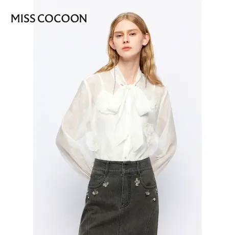 MISSCOCOON【莫奈花园】24春新款浪漫欧根纱提花蝴蝶结飘带衬衫商品大图