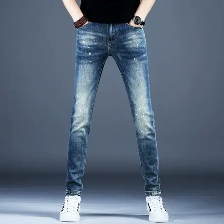 高档牛仔裤男潮牌2023新款裤子潮流男士弹力小脚修身百搭蓝色春秋商品大图