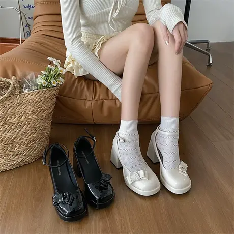 气质高跟鞋女黑色单鞋2024年春季新款粗跟浅口法式玛丽珍鞋女鞋子图片