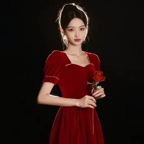 订婚礼服红色连衣裙敬酒服女夏季薄款新娘小个子结婚法式平时可穿图片