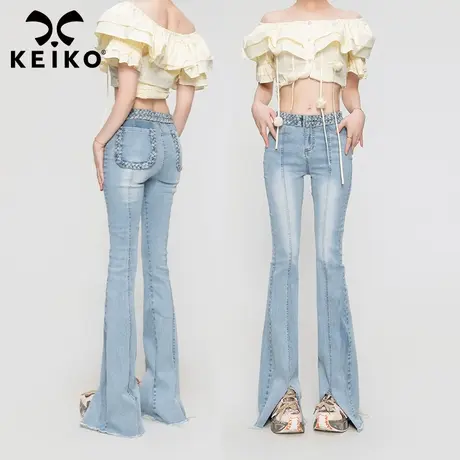 编织腰饰微喇牛仔裤2023夏季浅蓝修身显高弹力开叉喇叭裤子马蹄裤商品大图