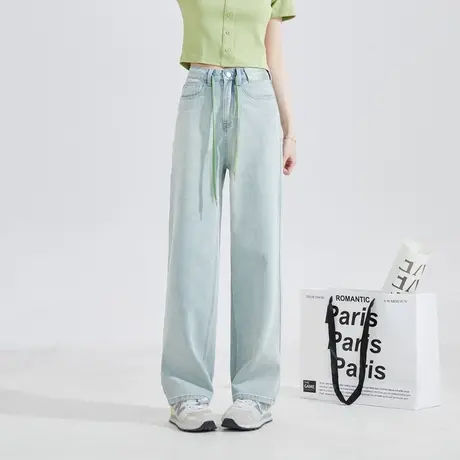 唐狮24春季新款牛仔裤女高腰显瘦阔腿裤抽绳时尚韩版潮流高街裤子商品大图