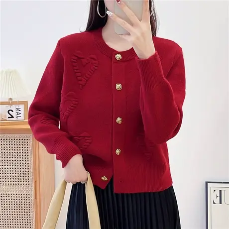 2024春季新款本命年红色开衫毛衣女韩版针织衫外套爆款时尚上衣图片