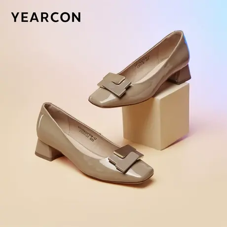 意尔康女鞋2024春季女士方头浅口单鞋粗跟通勤职业工作鞋法式皮鞋商品大图