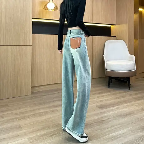 复古拼色牛仔裤女春季设计感高腰显瘦直筒裤小个子窄版阔腿裤长裤商品大图