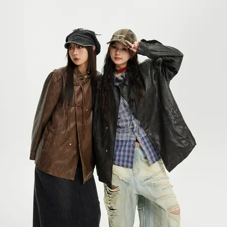 复古国潮新中式皮衣外套女春秋2024新款盘扣PU皮夹克宽松国风上衣商品大图