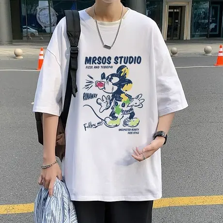 纯棉短袖T恤男夏季2024新款卡通印花潮牌男装上衣宽松半袖体恤衫商品大图