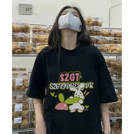 纯棉设计感短袖t恤女2023新款夏季潮牌小众宽松港味复古chic上衣商品大图