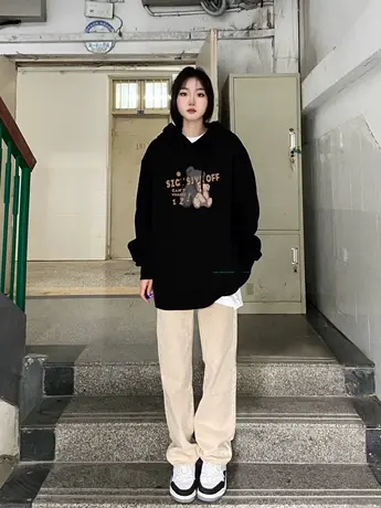 美式复古卫衣女秋冬大码套头连帽加绒加厚小众设计感潮牌外套上衣图片