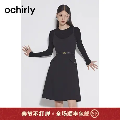 【新降】欧时力 赫本风提花吊带连衣裙23新款秋法式小黑裙腰带图片