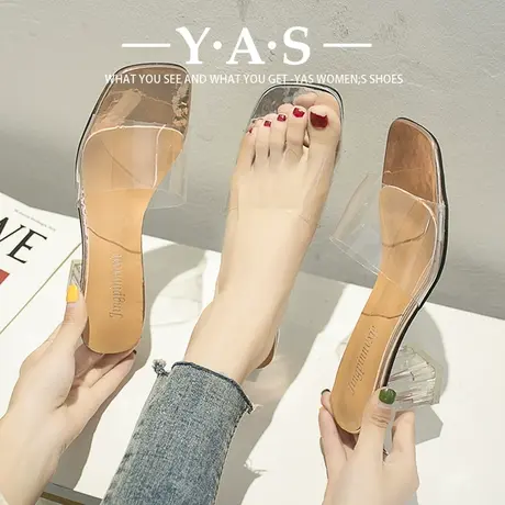 2024夏季新款透明高跟一字凉拖鞋女外穿时尚水晶粗跟凉鞋百搭半拖图片