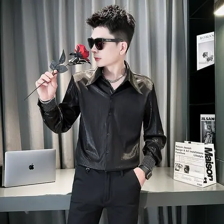 高级感液态琉璃烫钻长袖衬衫男春季网红夜店重磅痞帅小众个性衬衣商品大图
