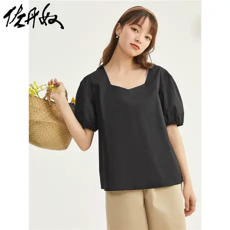 佐丹奴衬衫女装府绸梭织撞色花边领泡泡袖休闲衬衫 13343302商品大图