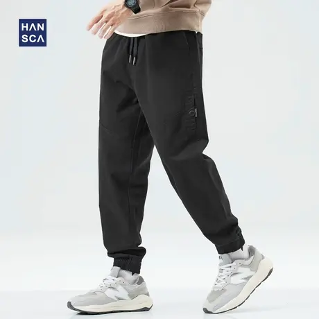 hansca休闲裤男秋冬款日系宽松束脚潮流黑色加绒加厚大码工装长裤商品大图