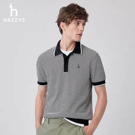 Hazzys哈吉斯春季新品条纹撞色POLO衫男士休闲短袖翻领针织衫上衣图片
