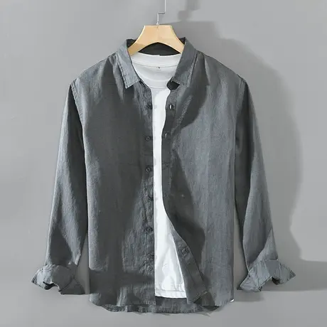 纯亚麻休闲衬衫男纯色宽松男士衬衣春秋款长袖外套港风透气百搭潮图片