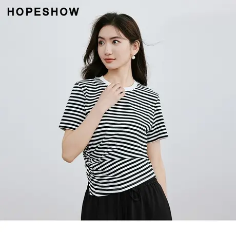 红袖拼色黑白条纹收腰套头T恤hopeshow2024春季新款圆领正肩短袖商品大图
