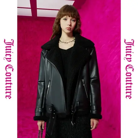 Juicy Couture橘滋初秋冬新款酷飒高级斜门襟加绒女式皮衣图片