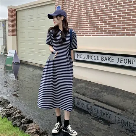 胖mm夏季大码女装新款韩版宽松中长款洋气条纹短袖T恤裙上衣200斤商品大图