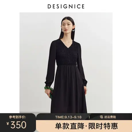 迪赛尼斯春秋新款高腰时尚黑色气质V领收腰质感修身连衣裙女图片