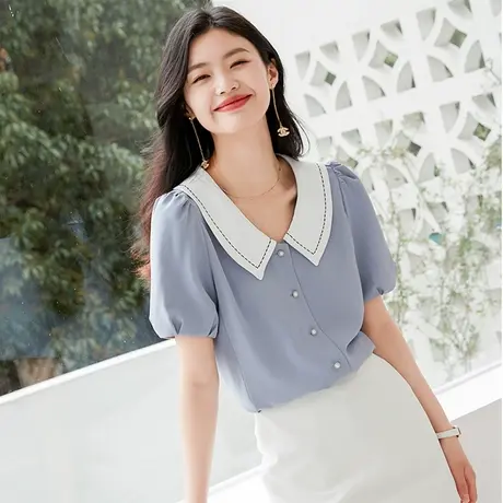 时尚减龄娃娃领短袖衬衫2023年新款女士气质优雅温柔显瘦上衣商品大图
