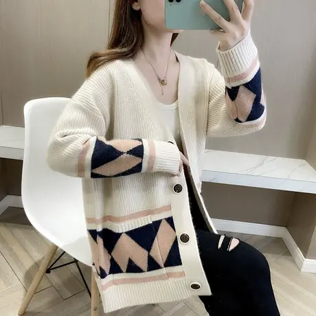 秋装新款针织衫女开衫韩版宽松加厚毛衣外套民族风外搭慵懒风图片