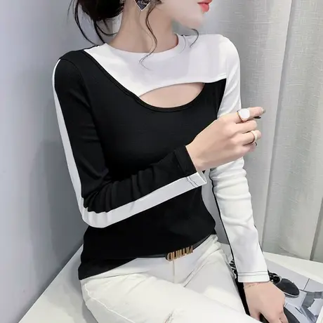 时尚撞色打底衫女内搭春秋长袖洋气镂空性感上衣修身百搭T恤欧货商品大图