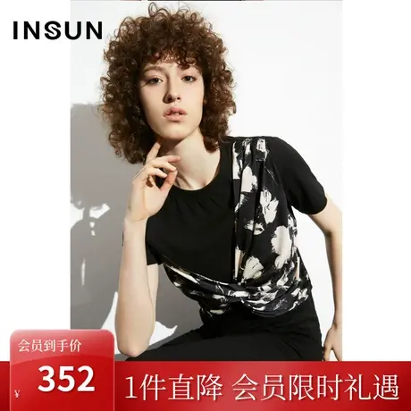 恩裳COVER2023年夏款新款精梳棉假两件拼接复古扭结设计冰丝短袖商品大图