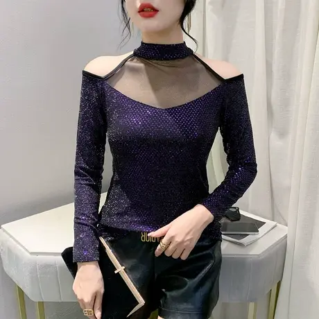 性感露肩T恤女长袖欧货烫钻网纱拼接上衣洋气修身外穿内搭打底衫商品大图