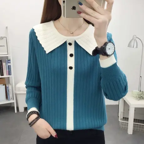 娃娃领拼色针织衫女2023秋季新款宽松外穿打底衫套头毛衣内搭洋气商品大图