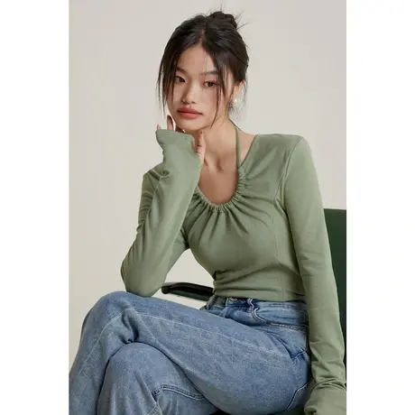 弥古法式绿色挂脖上衣秋季薄款内搭长袖t恤女小众修身针织打底衫图片