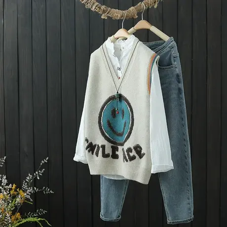 春秋季新款文艺提花针织马甲女V领套头无袖坎肩休闲宽松马夹背心图片