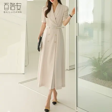 百洛安职业通勤西装连衣裙女夏时尚翻领短袖中长裙系带收腰a字裙图片