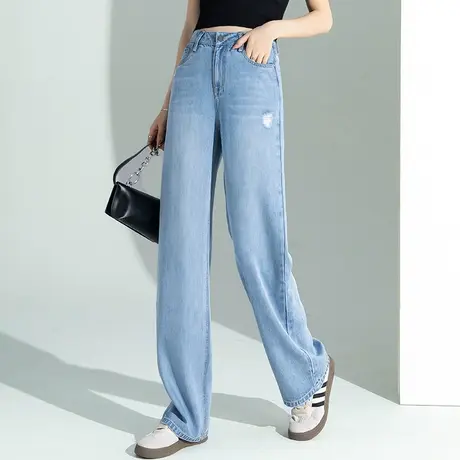 高腰窄版天丝阔腿牛仔裤女夏季薄款2023年新款破洞裤子长裤直筒裤商品大图