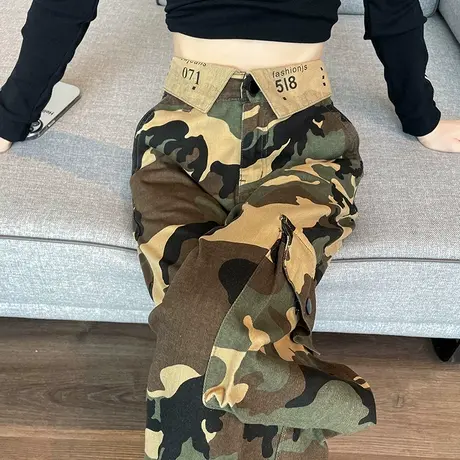 美式高街辣妹迷彩工装裤女2023春秋新款高腰翻边设计感阔腿拖地裤商品大图